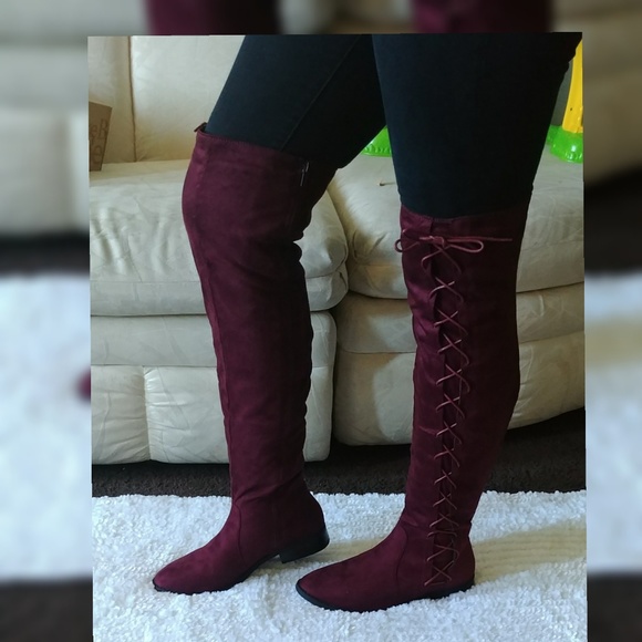 RESTOCKED Boots over knee lace side Up color Wine - Picture 4 of 8
